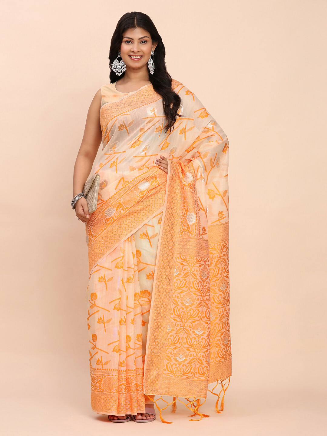 Shree Shyam Fashion Linen Cotton Orange Saree - Distacart