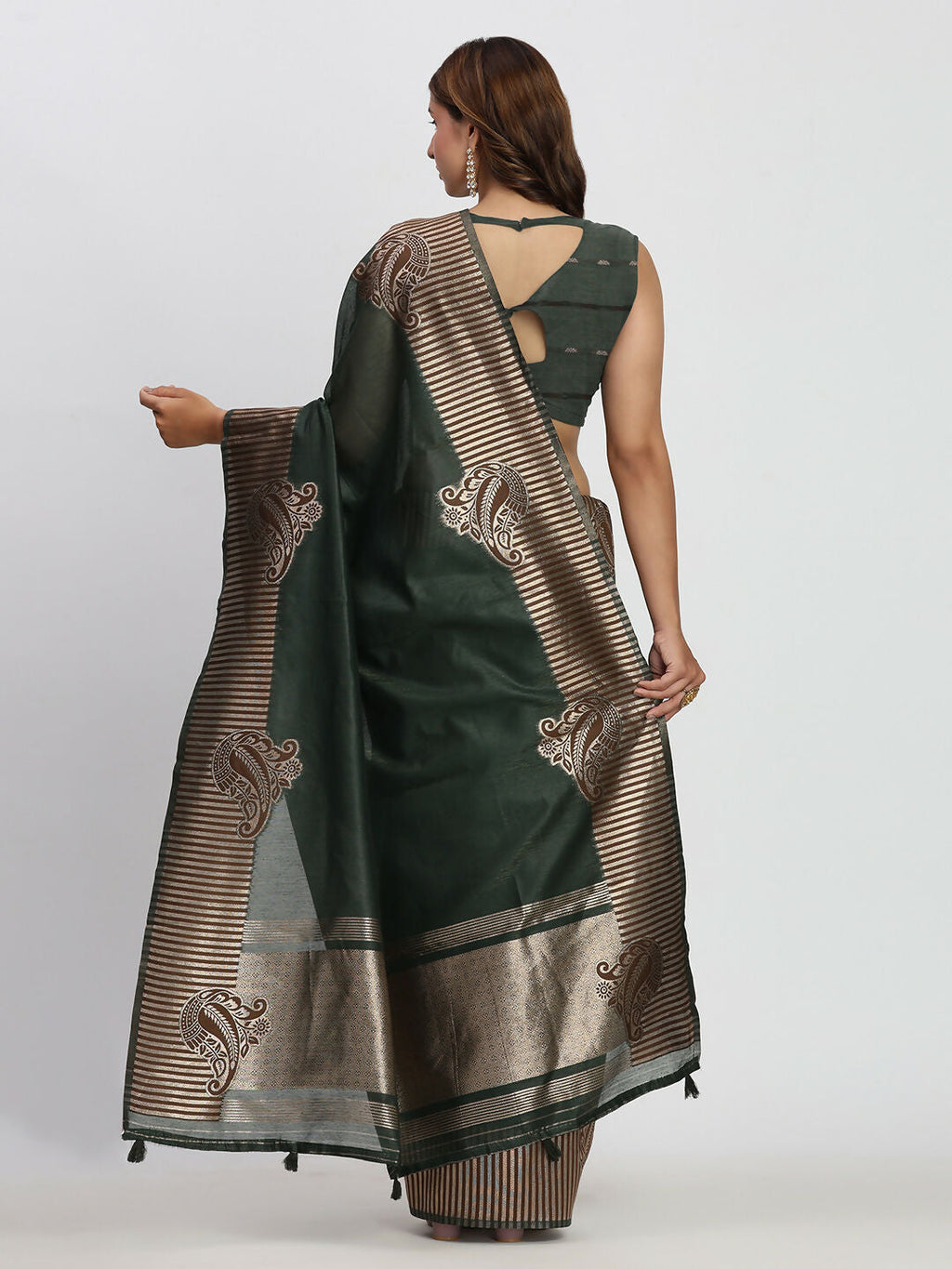 Shree Shyam Fashion Linen Cotton Dark Green Saree - Distacart