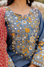 Teeya Creation Blue Color Cotton Denim Party Wear Real Mirror Work kurti - Distacart