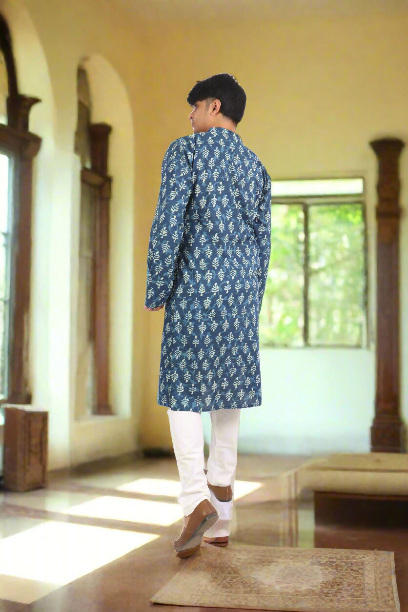 Souchii Men's Ethnic Printed Pure Cotton Kurta – Indigo Leaf Motif