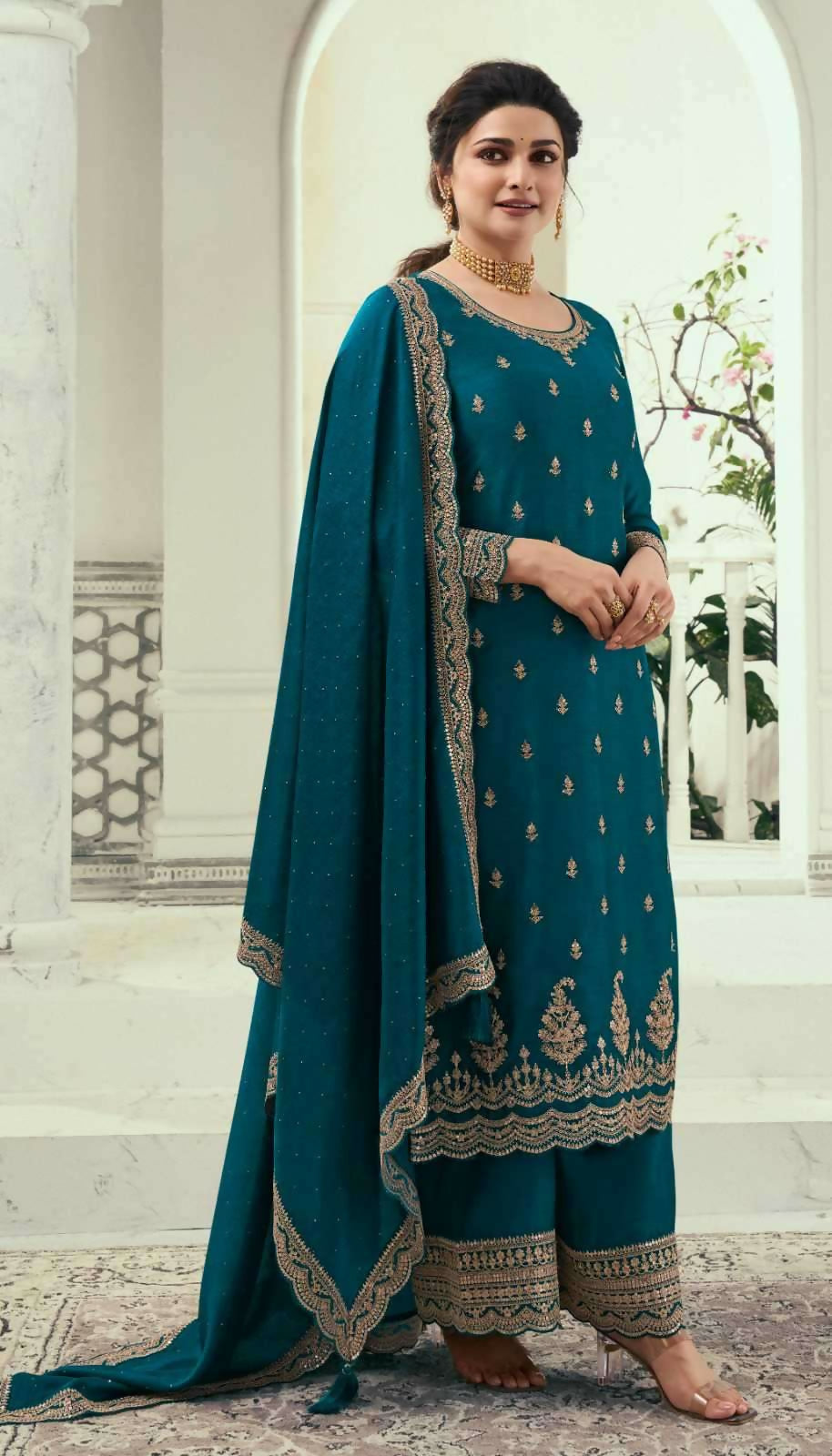 Anaita Teal Blue Silk Georgette Stitched Suit with Embroidery Sequins - Distacart