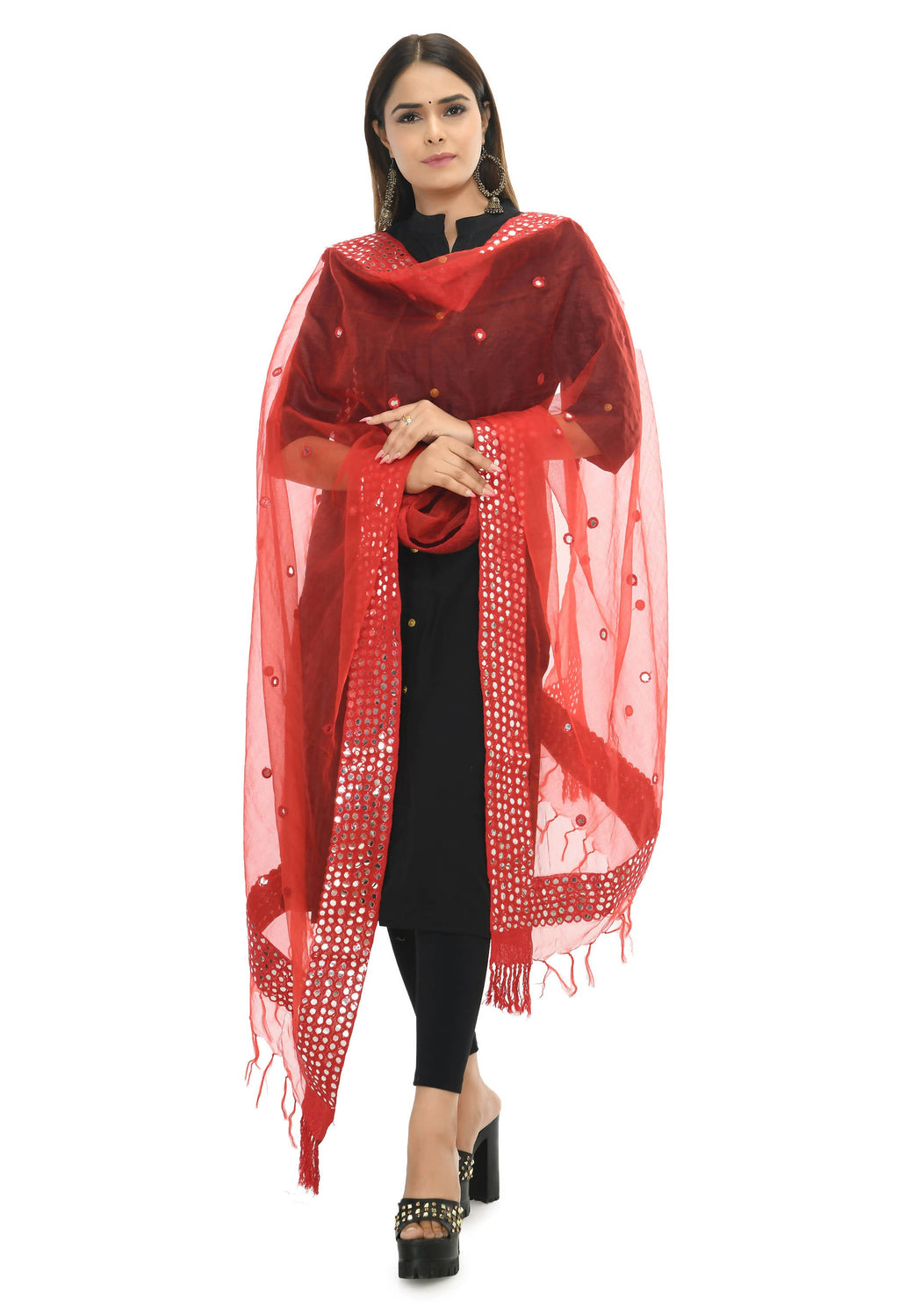 Mominos Fashion Moeza 6 Line Mirror Border Red Dupatta - Distacart