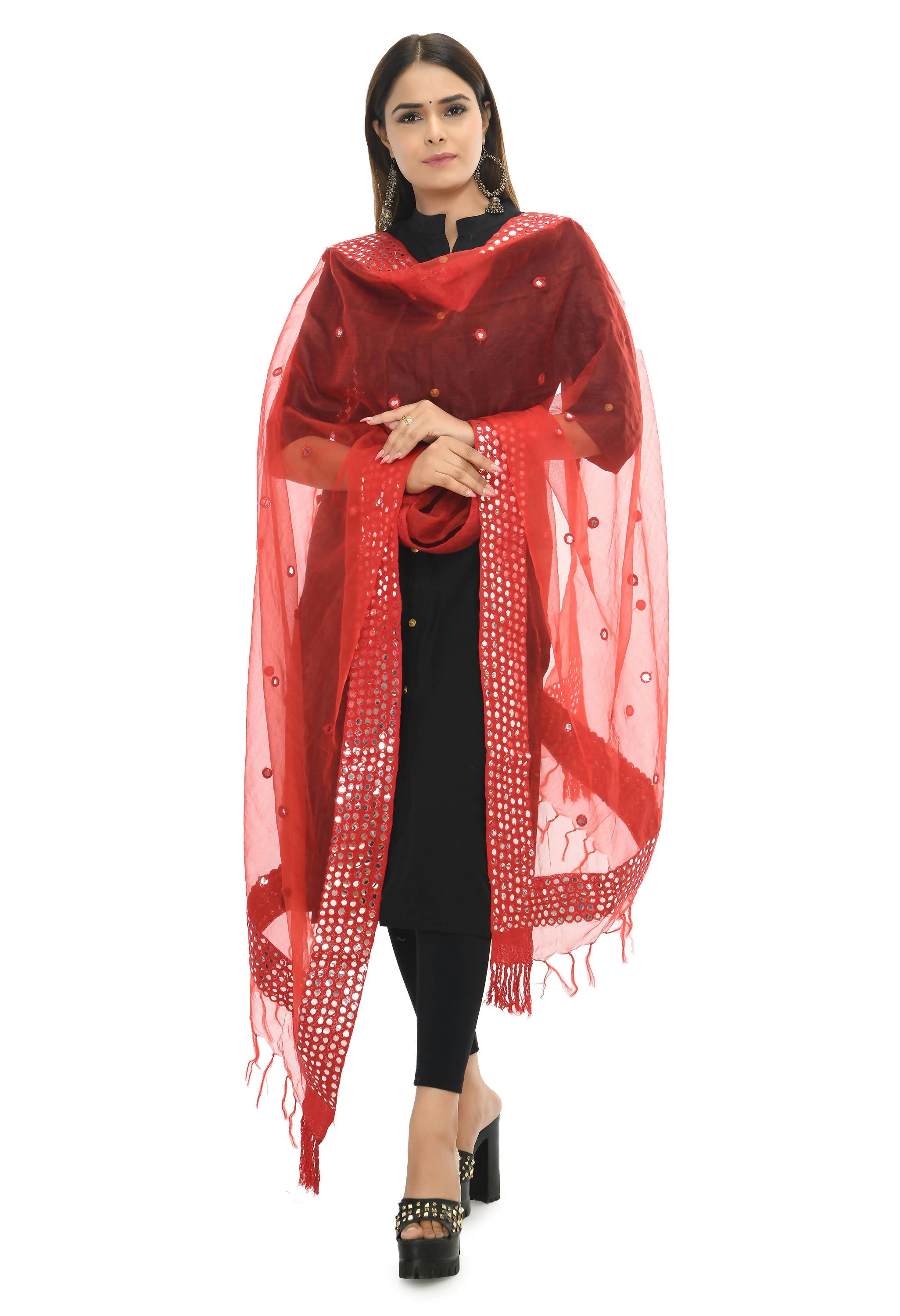 Mominos Fashion Moeza 6 Line Mirror Border Red Dupatta - Distacart