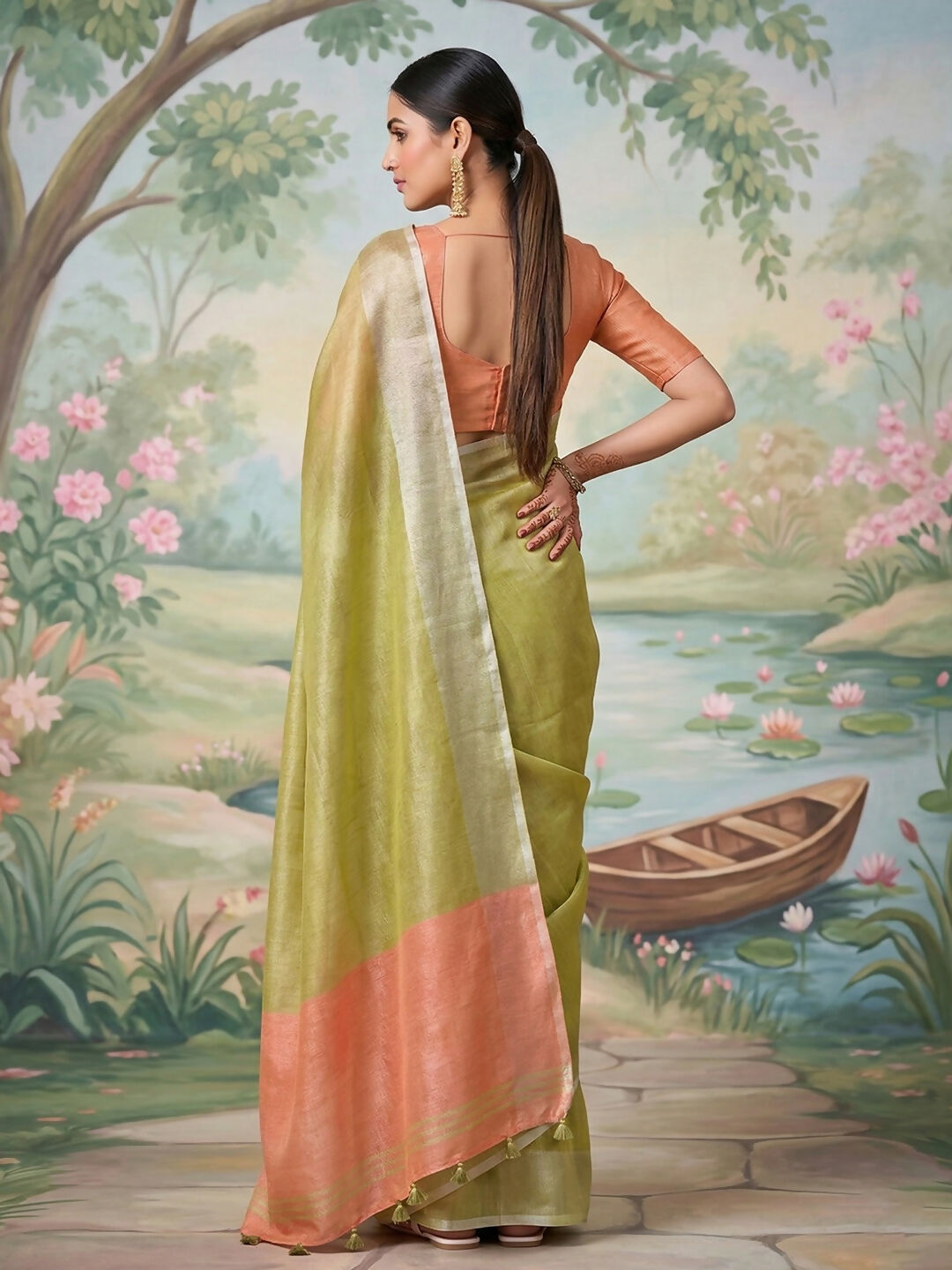 Shree Shyam Fashion Green Tissue Silk Saree - Distacart