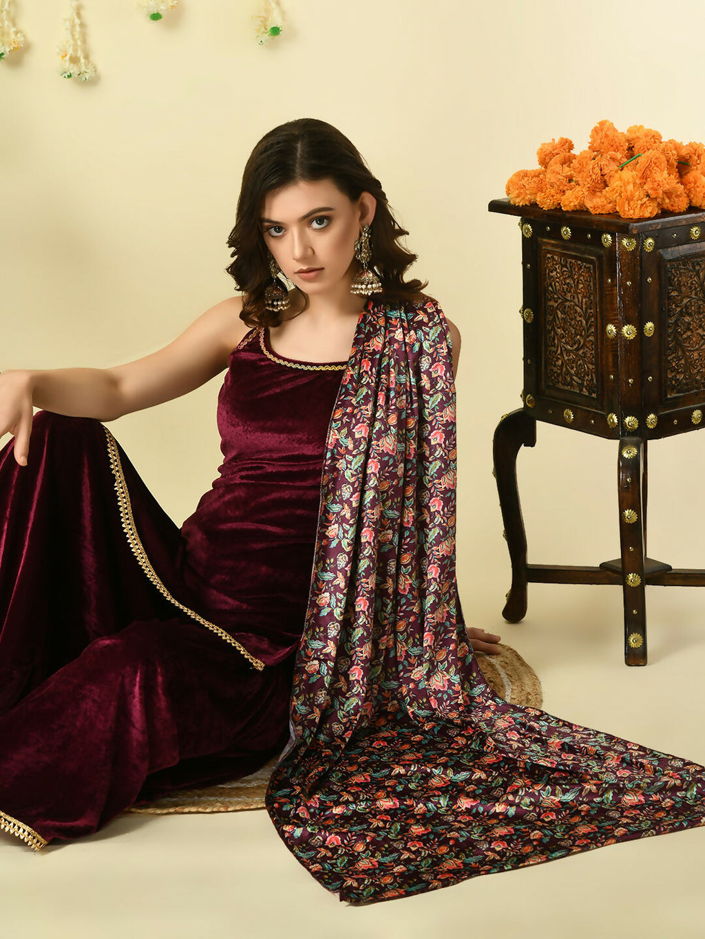 Myshka Women's Magenta Velvet Kurti & Sharara With Dupatta Party Sets
