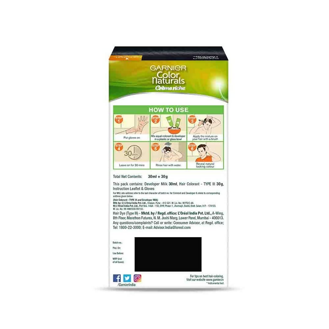 Garnier Color Naturals Creme Riche Men Hair Color - Shade 1 Natural Black - Distacart