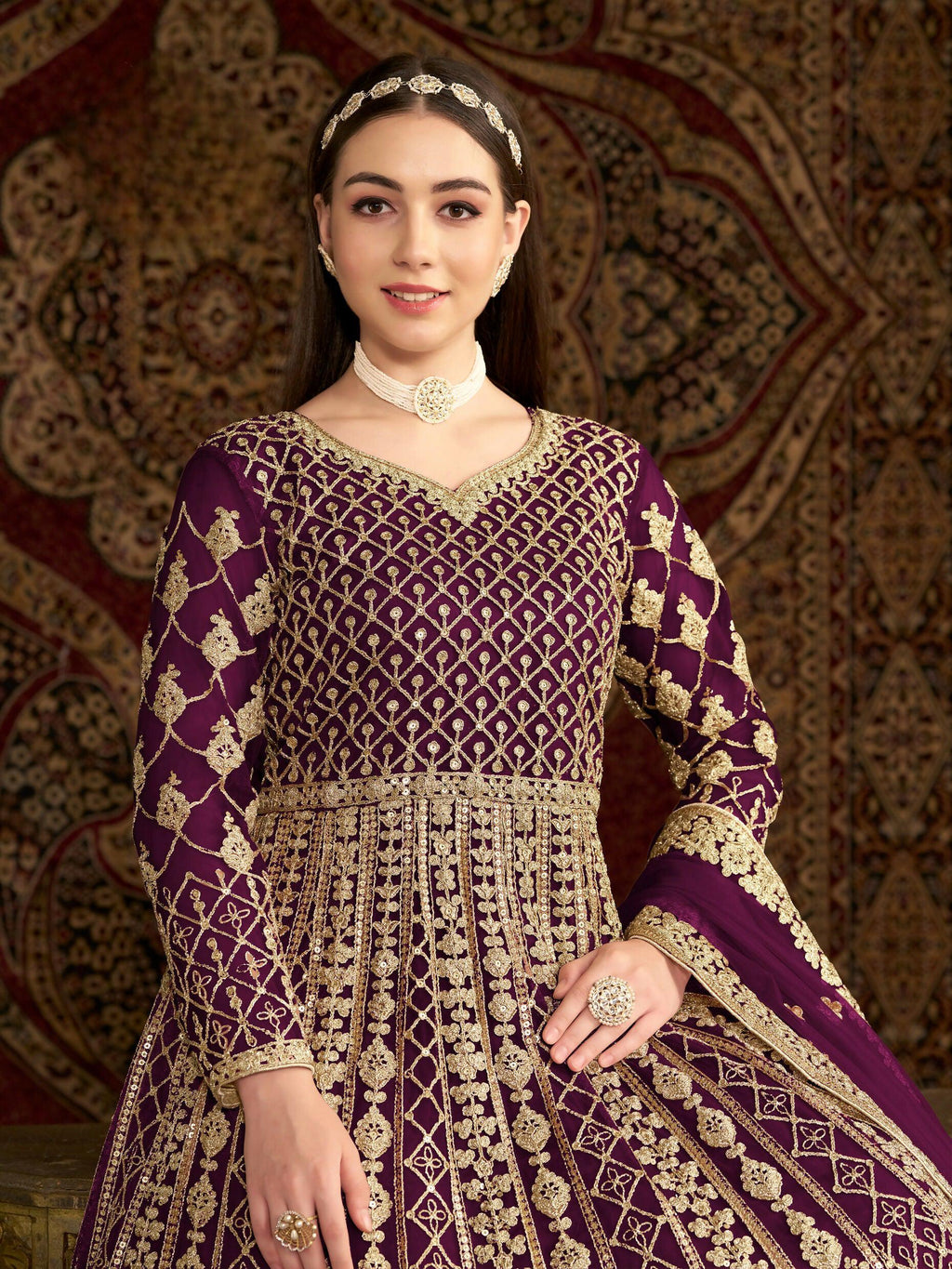 Anaita Purple Embroidered Net Stitched Anarkali Suit - Distacart