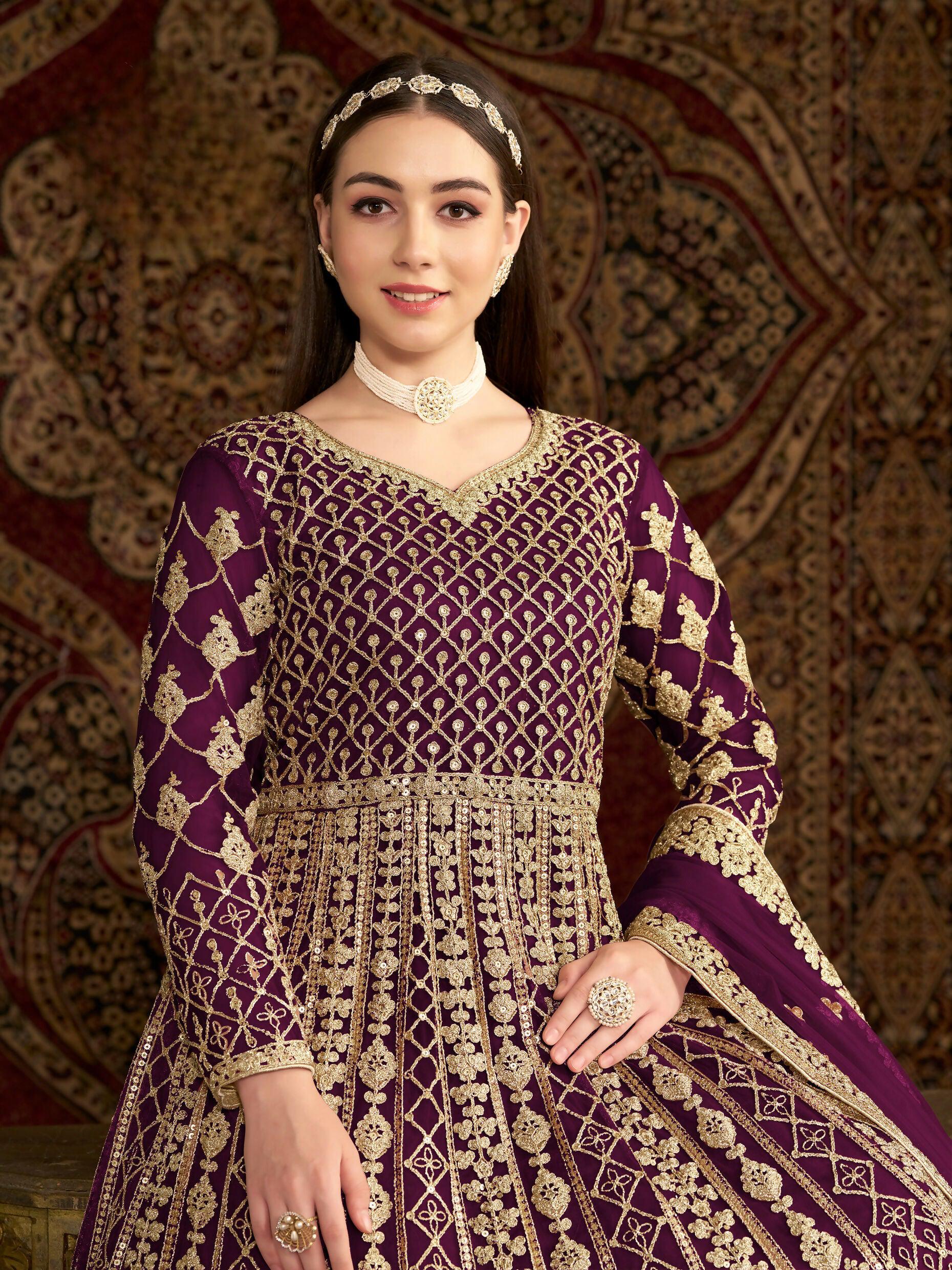 Anaita Purple Embroidered Net Stitched Anarkali Suit - Distacart