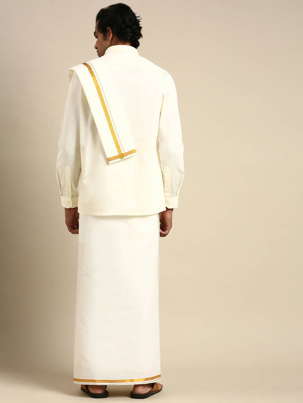 Ramraj Cotton Premium Wedding Cream Regular Dhoti, Shirt & Towel Set Golden Reward