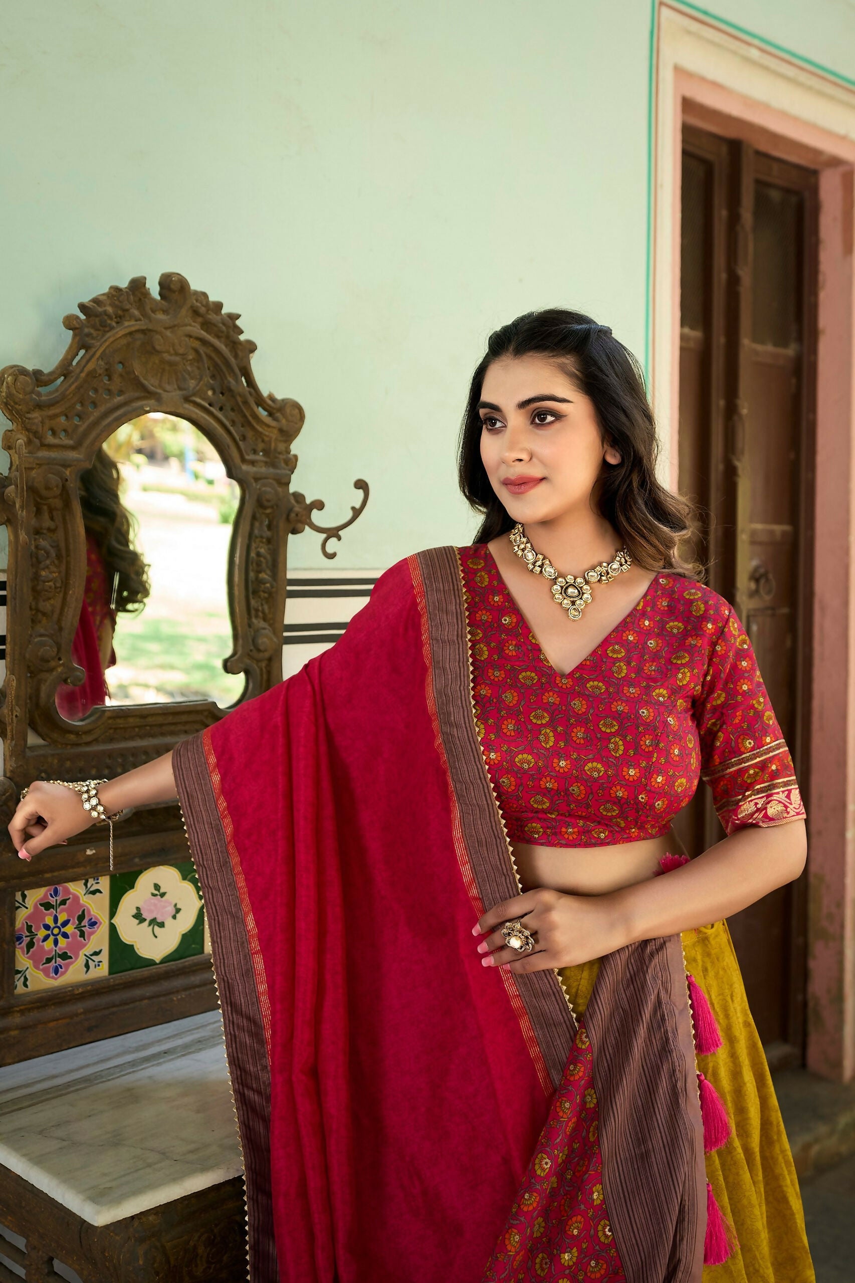 Vastranavya Kashmiri Print With Foil Print Lehenga With Unstitched Printed Blouse - Mustard