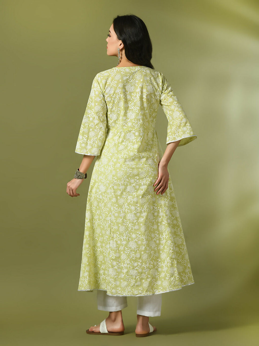 Myshka Women'sLime Green Printed Cotton Anarkali Party Kurta Set