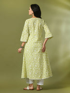 Myshka Women'sLime Green Printed Cotton Anarkali Party Kurta Set