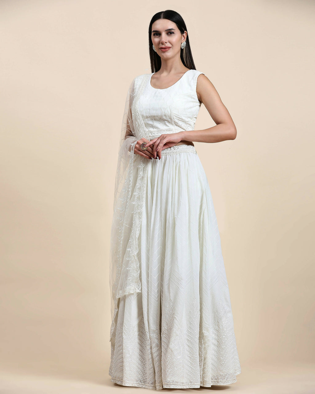 White Pure Viscose Georgette Sequence Embroidery work Lehenga Choli with Dupatta - Aakriti