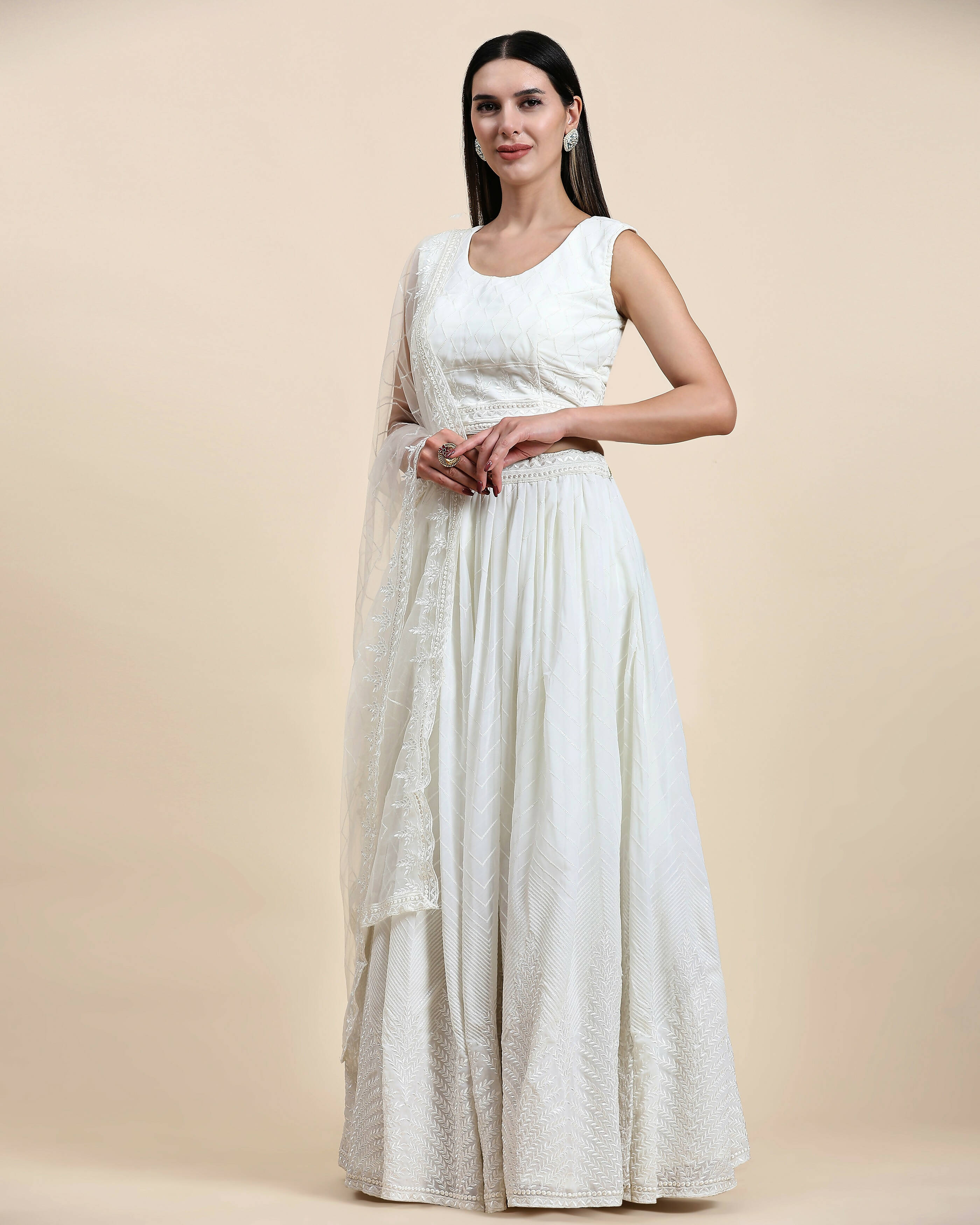 White Pure Viscose Georgette Sequence Embroidery work Lehenga Choli with Dupatta - Aakriti