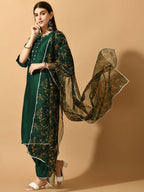 Myshka Women's Green Embroidered Party Kurta Sets