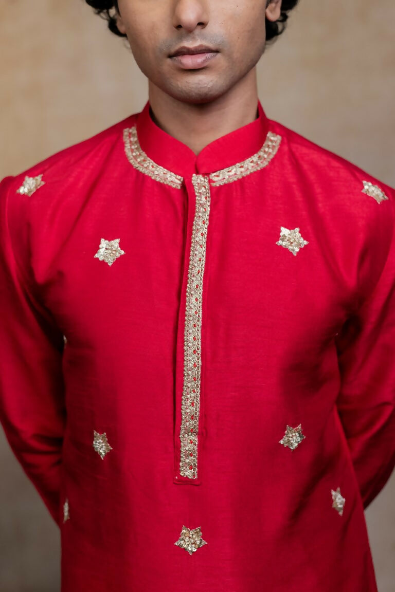 Falling Raw Silk Red Kumkuma Kurta Set By Hilo Design