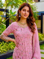 Teeya Creation Pink Faux Georgette Multi Thread Work Wedding Wear Sharara Set