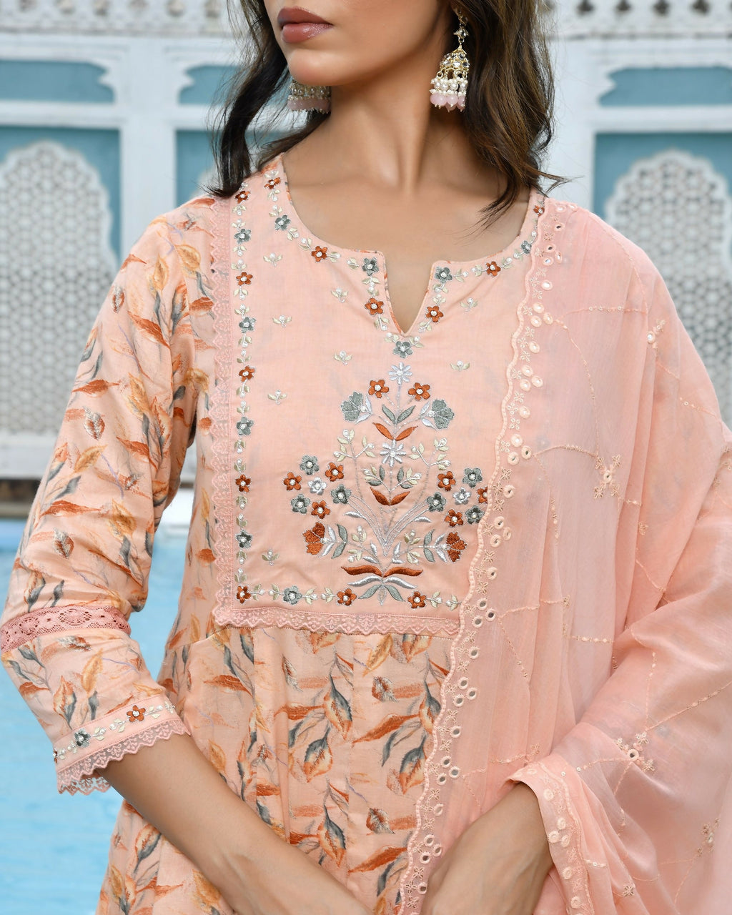 Vaasva Women's Peach Cotton Anarkali Set With Solid Pant And Embroidered Dupatta