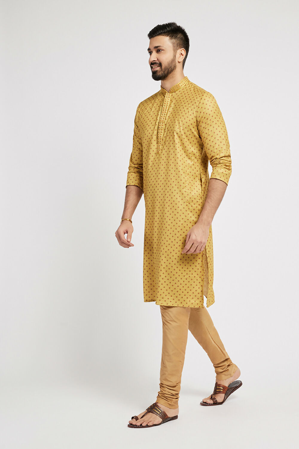 Ethnic India Yellow Men's Kurta Abstract Polyester