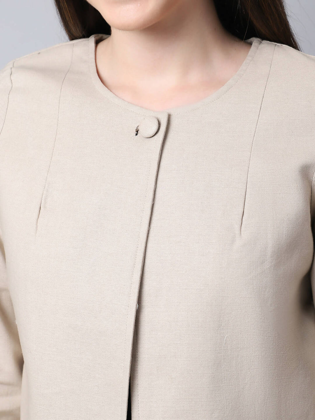Even Apparels Cream Linen Cotton Open Front Statement Women's Jacket