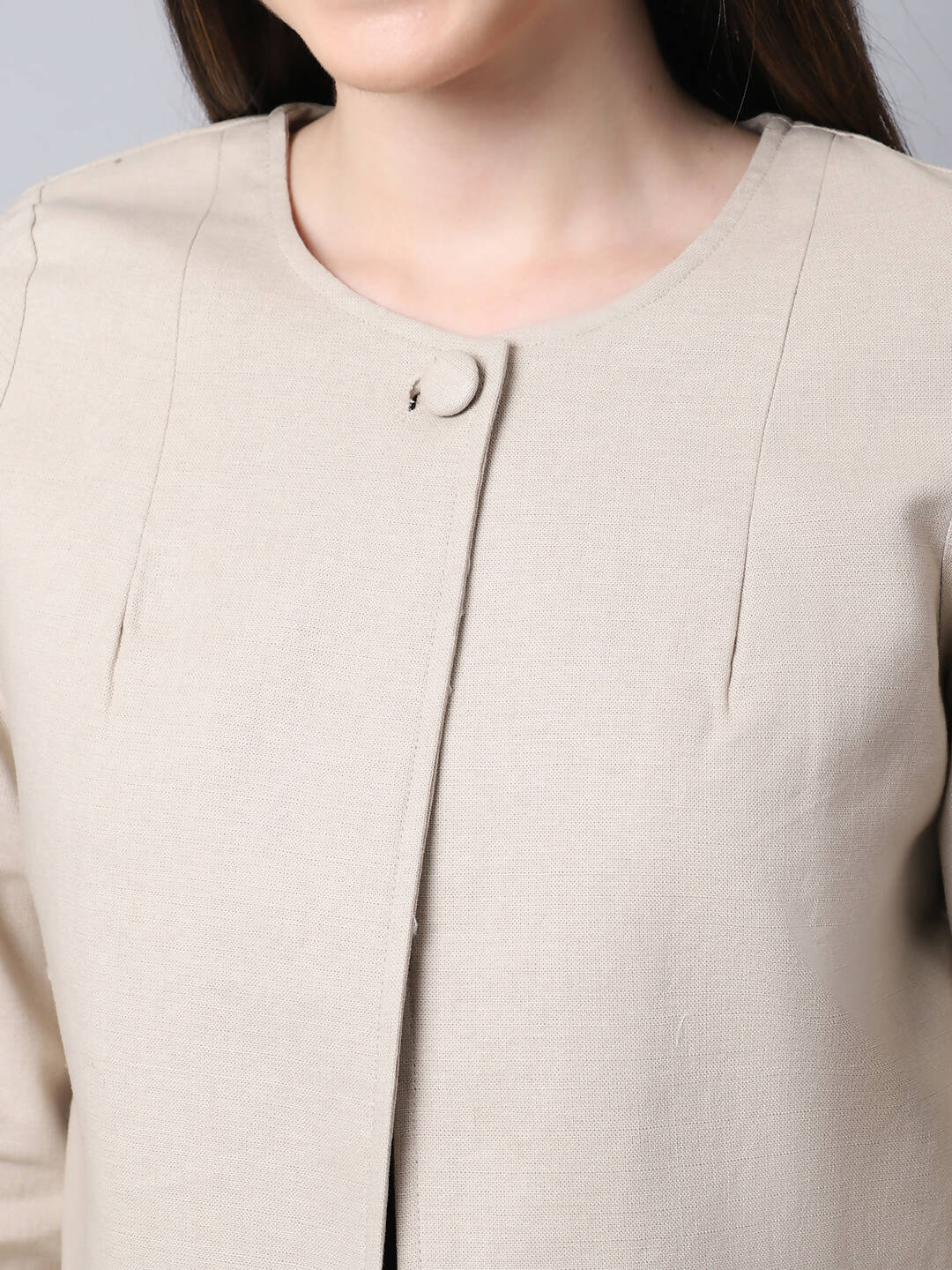 Even Apparels Cream Linen Cotton Open Front Statement Women's Jacket