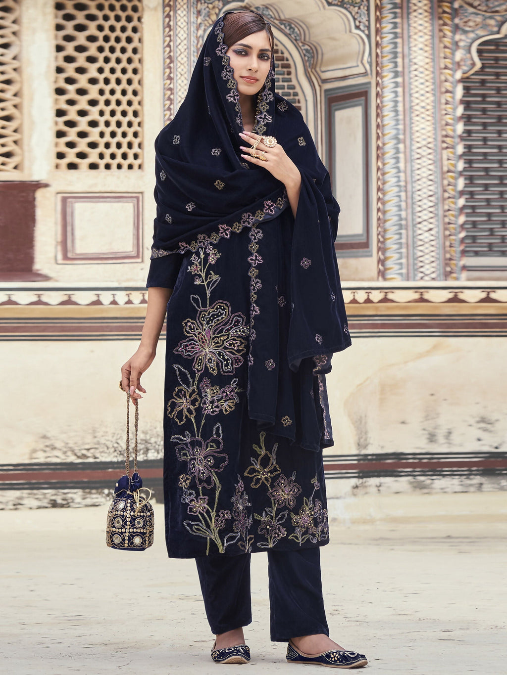 Jyoti Fashion Women's Navy Blue Velvet Resham Thread with Jari & Sequin Kurta with Trouser & Dupatta
