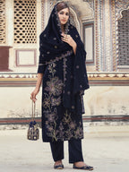 Jyoti Fashion Women's Navy Blue Velvet Resham Thread with Jari & Sequin Kurta with Trouser & Dupatta
