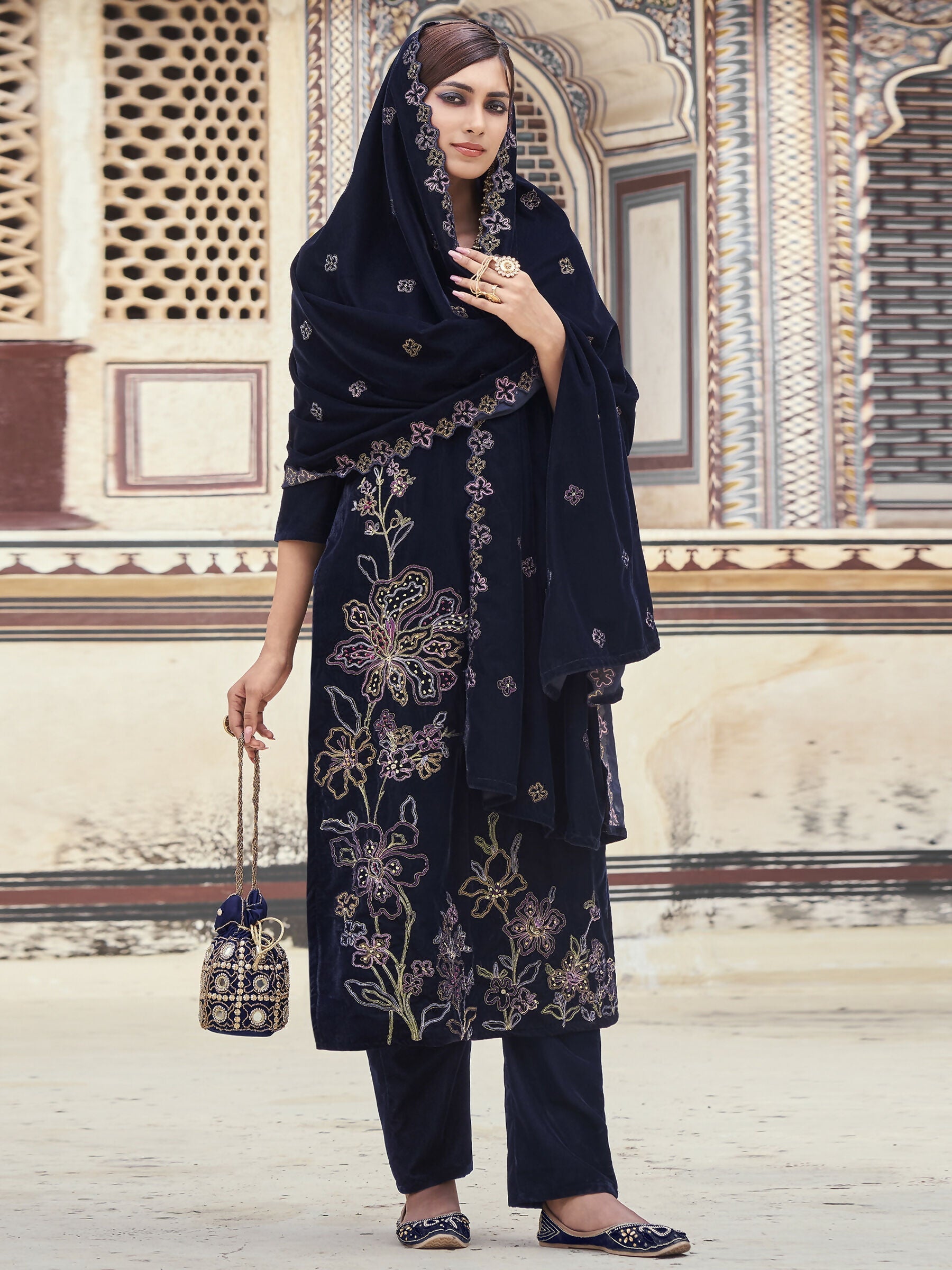 Jyoti Fashion Women's Navy Blue Velvet Resham Thread with Jari & Sequin Kurta with Trouser & Dupatta