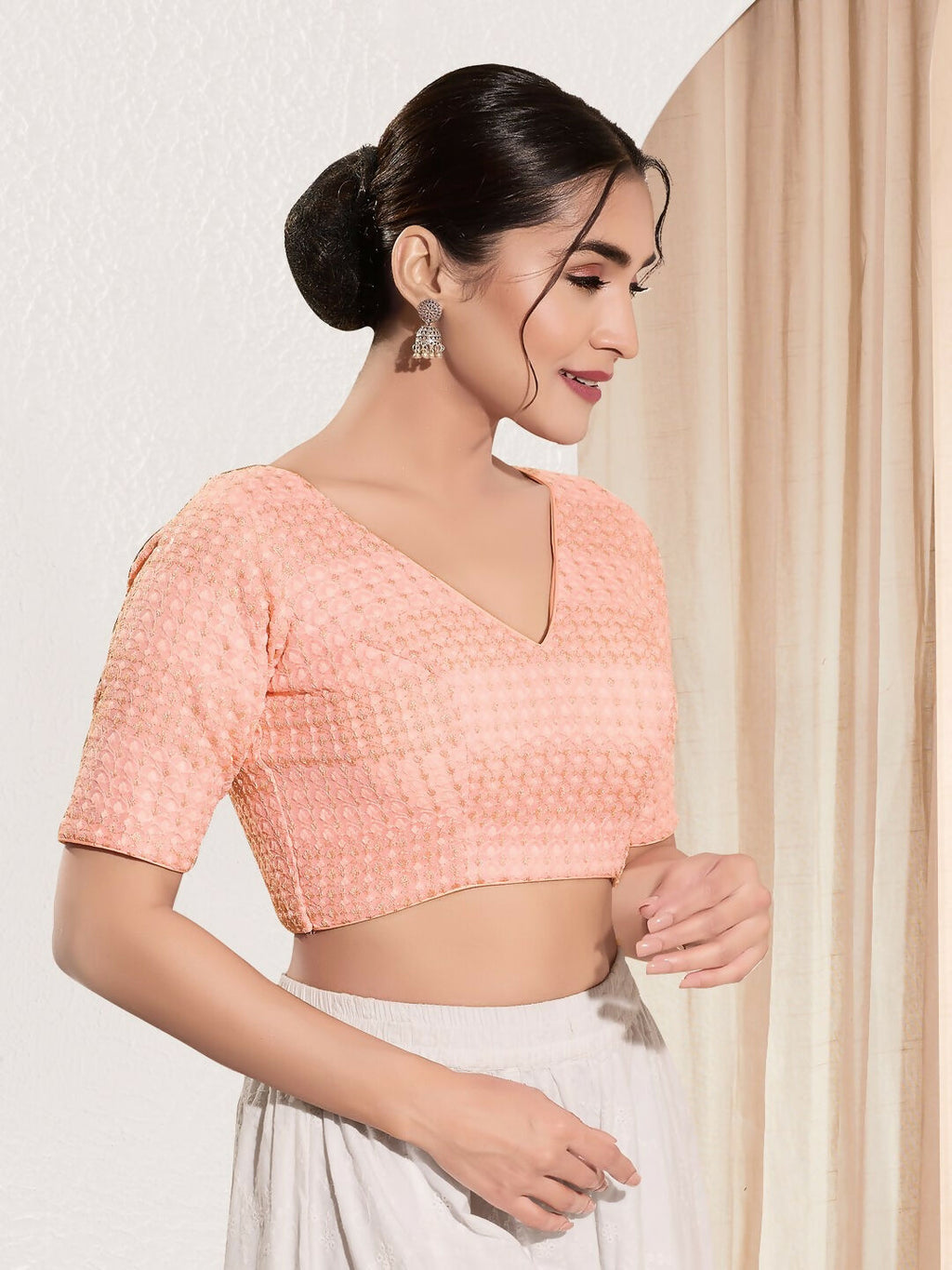 Joban Fashion Peach Crochet Padded Blouse With V Neck Elbow Sleeves - Distacart