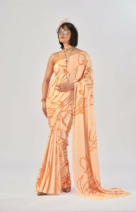 Vastranavya Orange Satin Silk Elegant Printed Saree with Unstitched Blouse