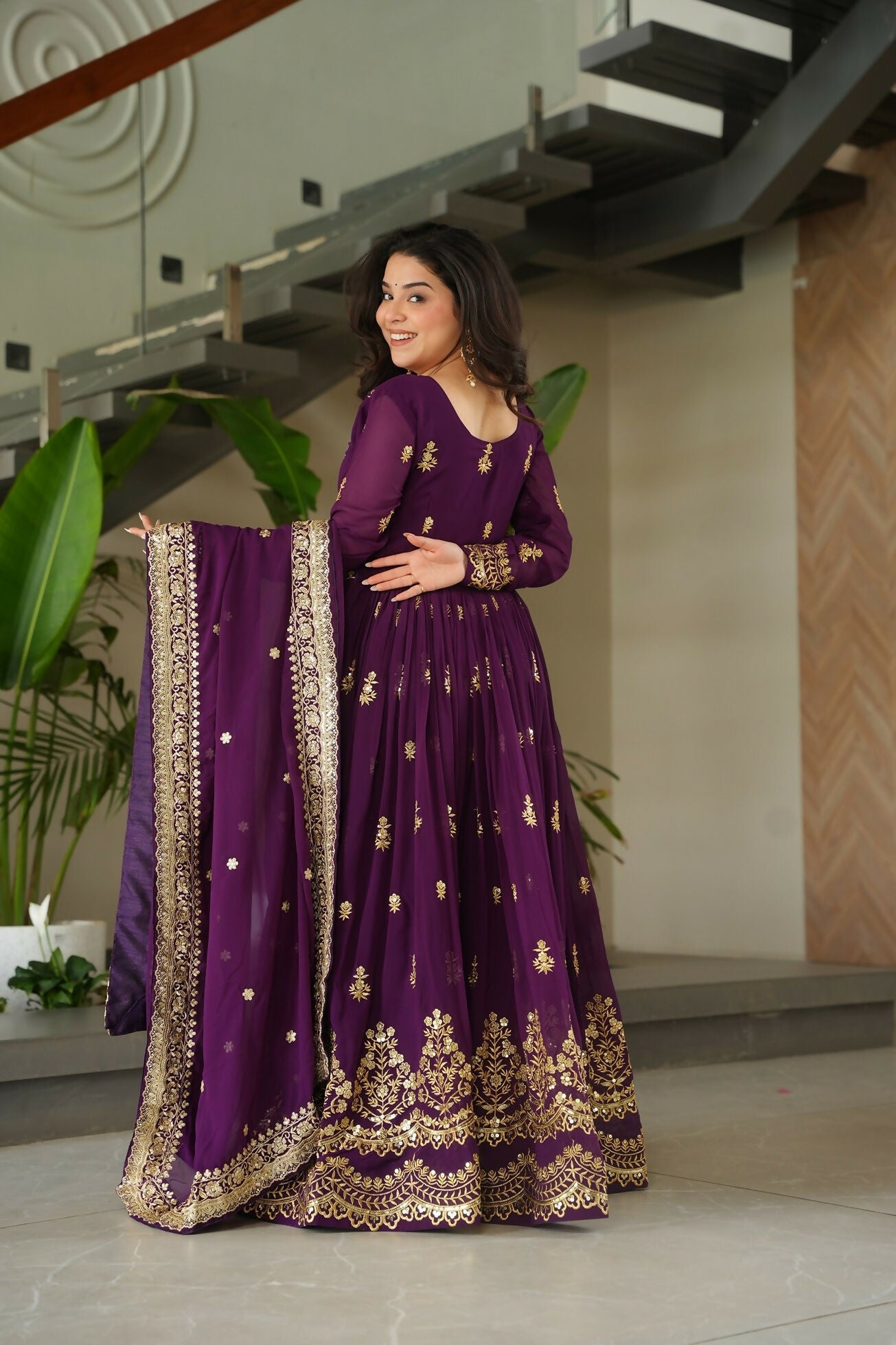 Joban Fashion Purple Georgette Sequence Embroidery Work Kurta Set - Distacart