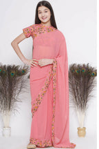 Little Bansi Floral Print Ready To Wear Saree And Floral Blouse - Coral