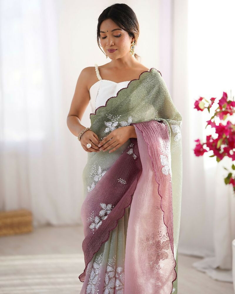 Pista and Wine Crunchy Crush Pedding Color Embroidery Work Party Wear Saree - Zuleika