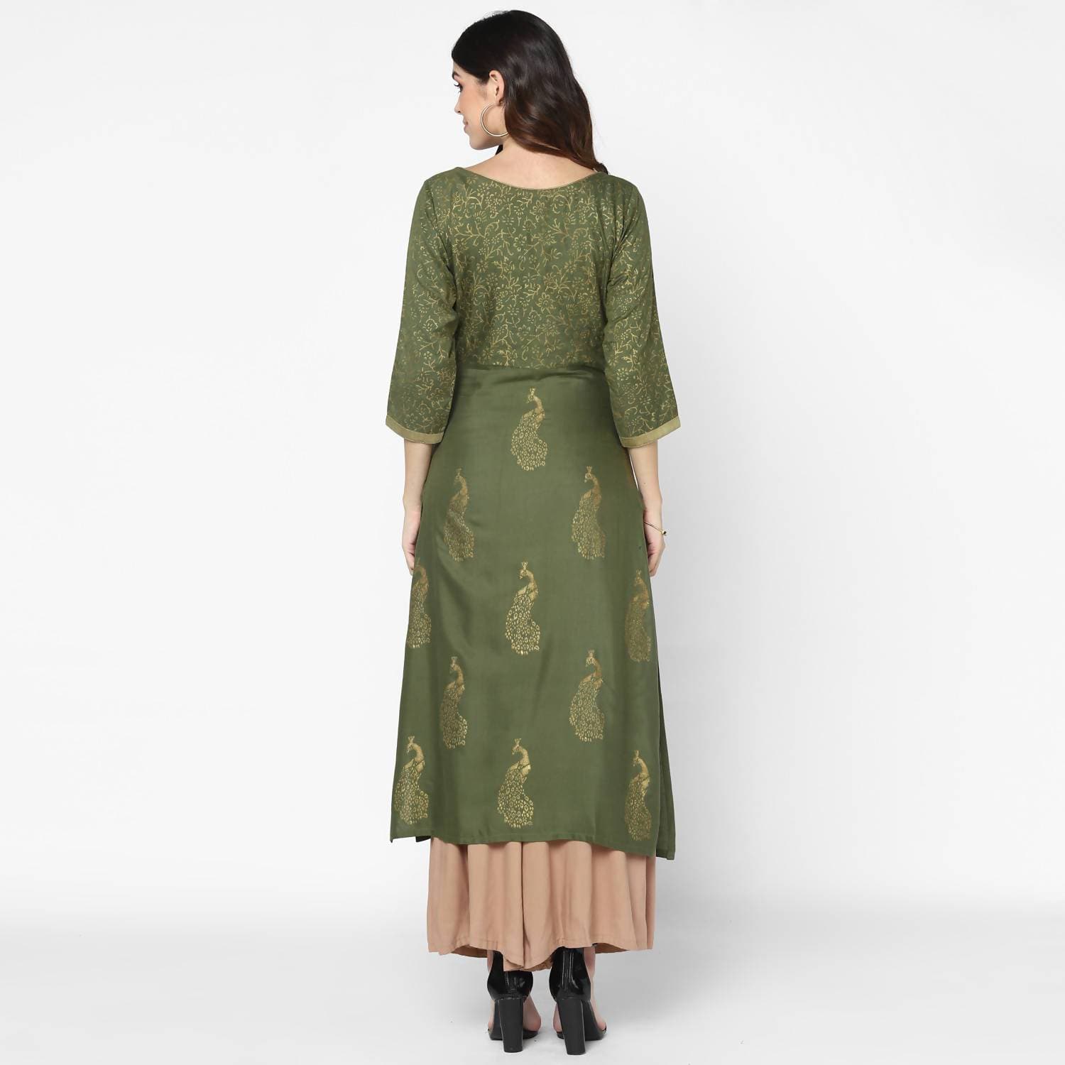 Cheera Hand Block Print Olive Green & Skin Color Straight Kurta With Palazzo (MAAI-083K)
