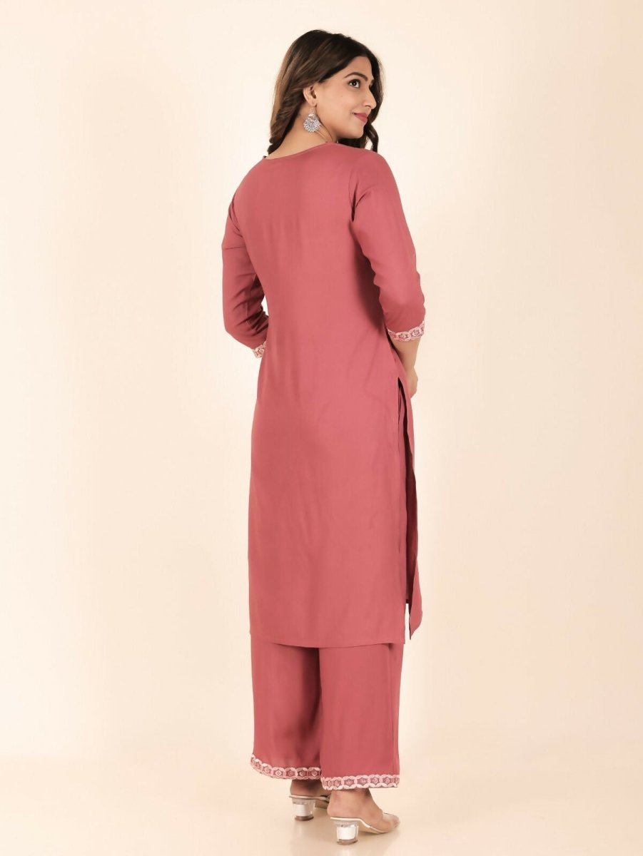 Aramya Pink Rayon Solid Print Straight Kurta Palazzo Set for Women