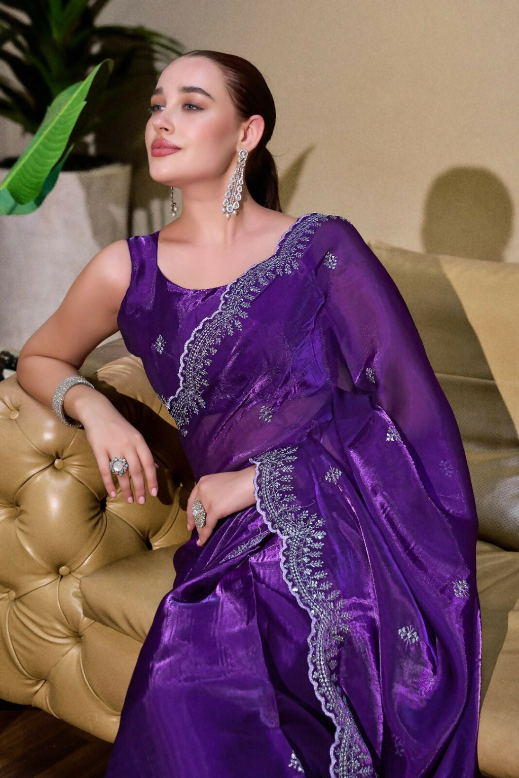Vastranavya Purple-Blue Embroidery Work Shimmer Chiffon Saree with Unstitched Blouse - Distacart