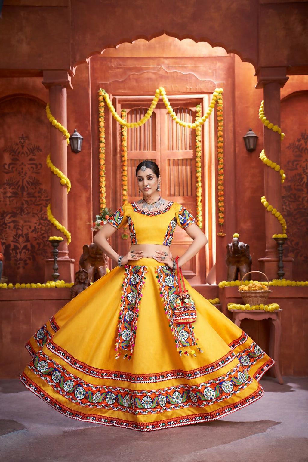 AI Fashion Yellow Art Silk Designer Navratri Lehenga Choli Collection