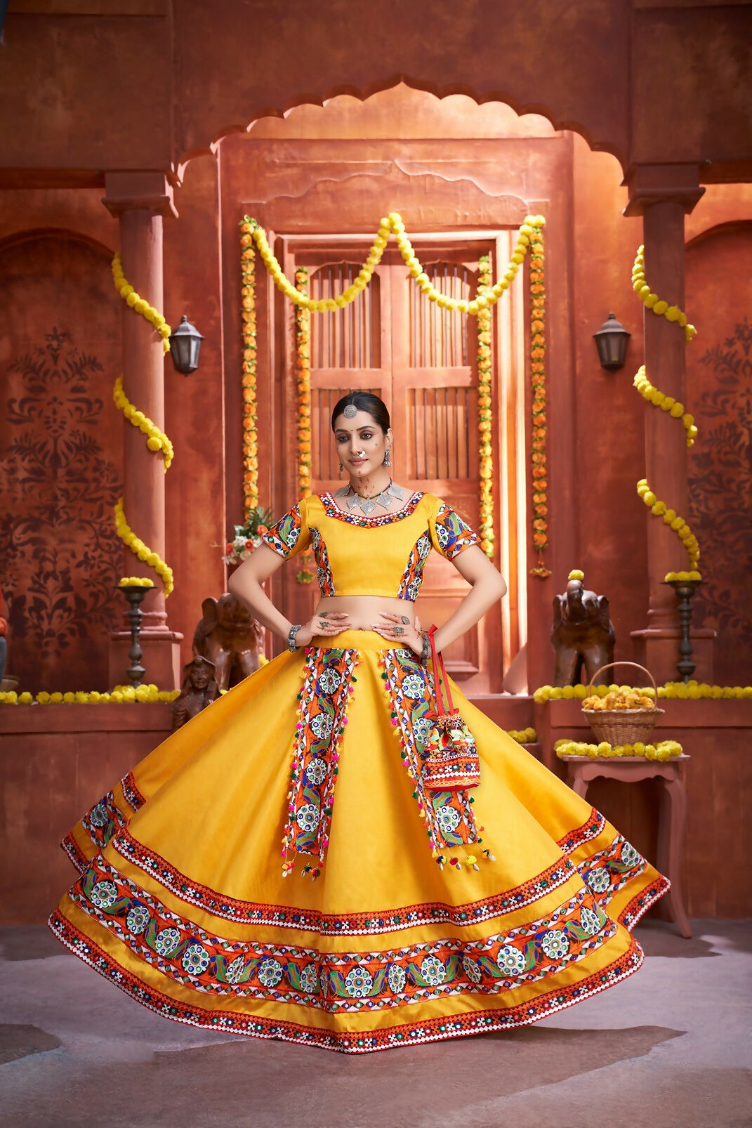 AI Fashion Yellow Art Silk Designer Navratri Lehenga Choli Collection