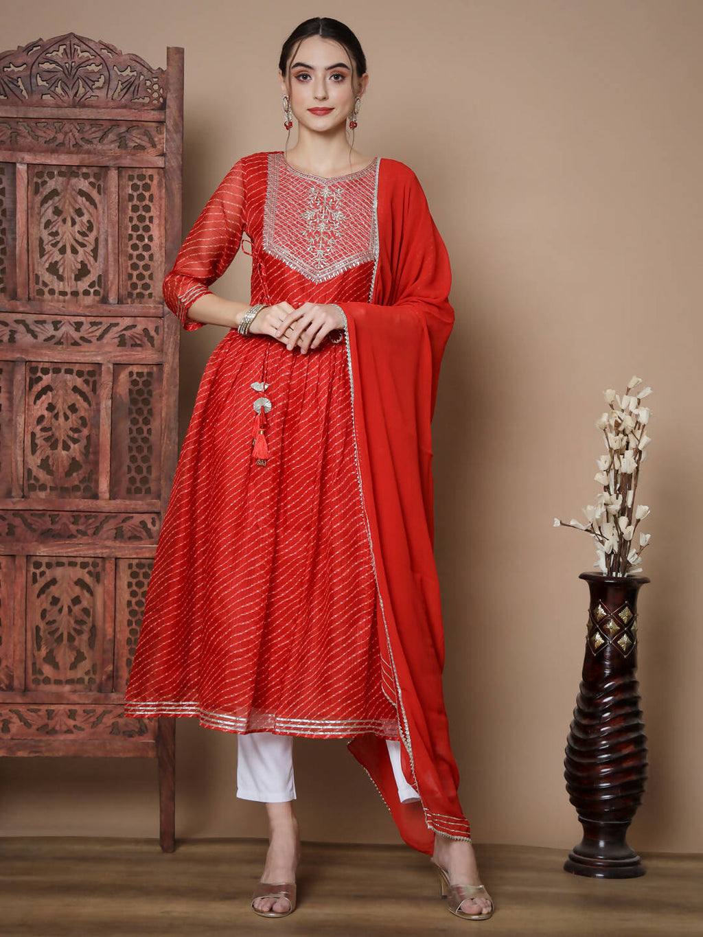Myshka Women's Red Anarkali Kurta & With Dupatta