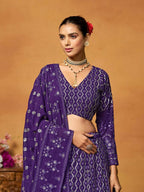 Purple Thread Sequence Embroidered Georgette Lehenga Choli - Jihu Culture
