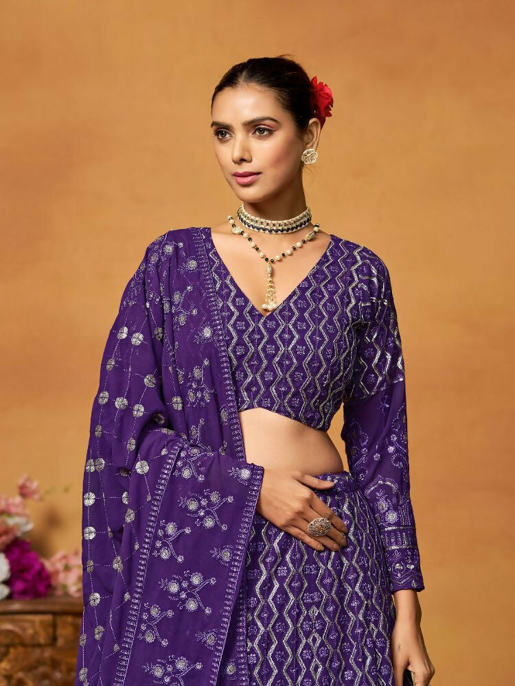 Purple Thread Sequence Embroidered Georgette Lehenga Choli - Jihu Culture