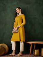 Sangria Floral Embroidered Thread Work Cotton A-Line Kurta - Distacart