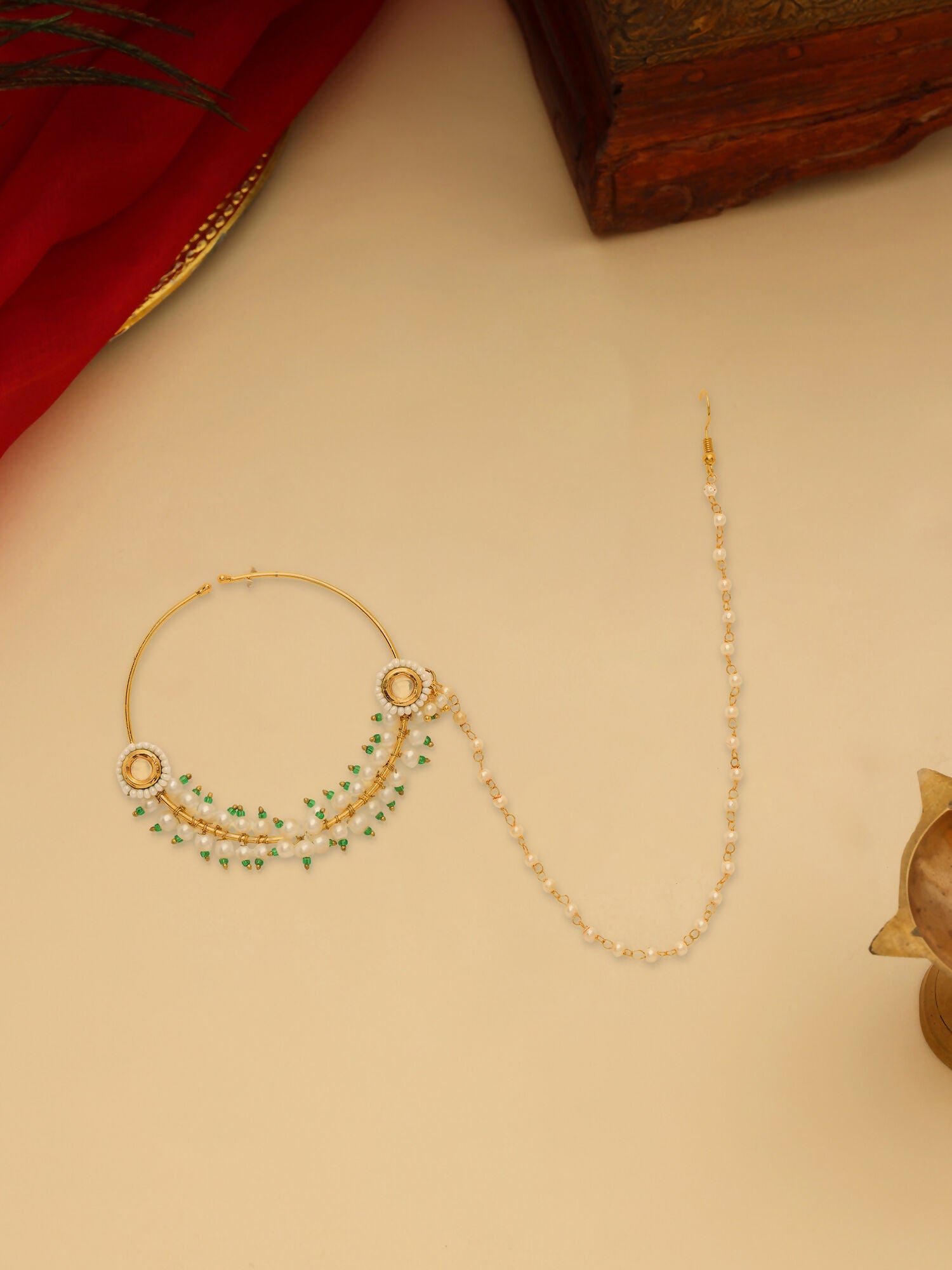 Ruby Raang 22k Gold Polished Kundan Maharani Nose Ring (Clip On)