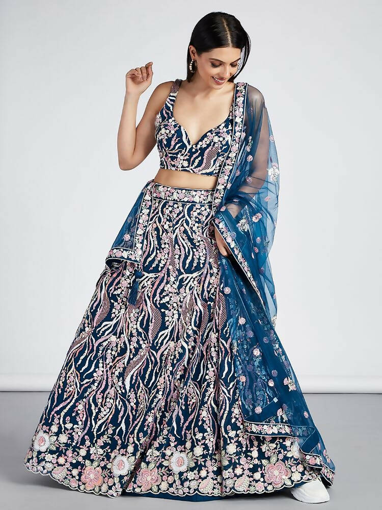 House of Panchhi Navy Blue Net Sequins And Thread Embroidery Lehenga Choli & Dupatta