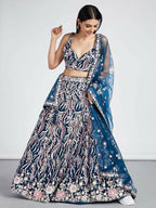 House of Panchhi Navy Blue Net Sequins And Thread Embroidery Lehenga Choli & Dupatta