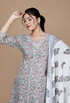 Miravan Women's Plus Size Blue Floral Printed Gota Patti Cotton Kurta With Palazzo