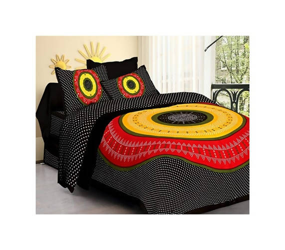 Vamika Printed Cotton Black Color & Multicolor Bedsheet With Pillow Covers (LEOC_BANDJ_BL)