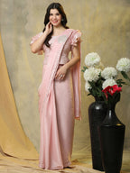 Pink Silk Satin Sequence Work Ready to Wear Saree with stitched Blouse - Nirvana