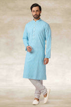 Raivat Ethnic Cotton Printed Work Kurta Pajama In Sky Blue Colour