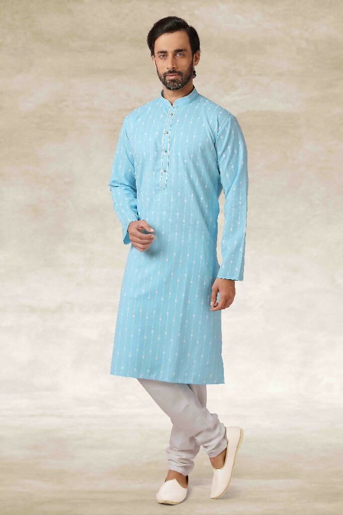 Raivat Ethnic Cotton Printed Work Kurta Pajama In Sky Blue Colour